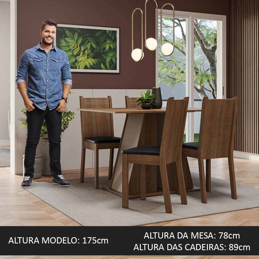 Conjunto Sala de Jantar Mesa Tampo de Madeira 4 Cadeiras Rustic/Crema/Preto Marilyn Madesa - Image 4
