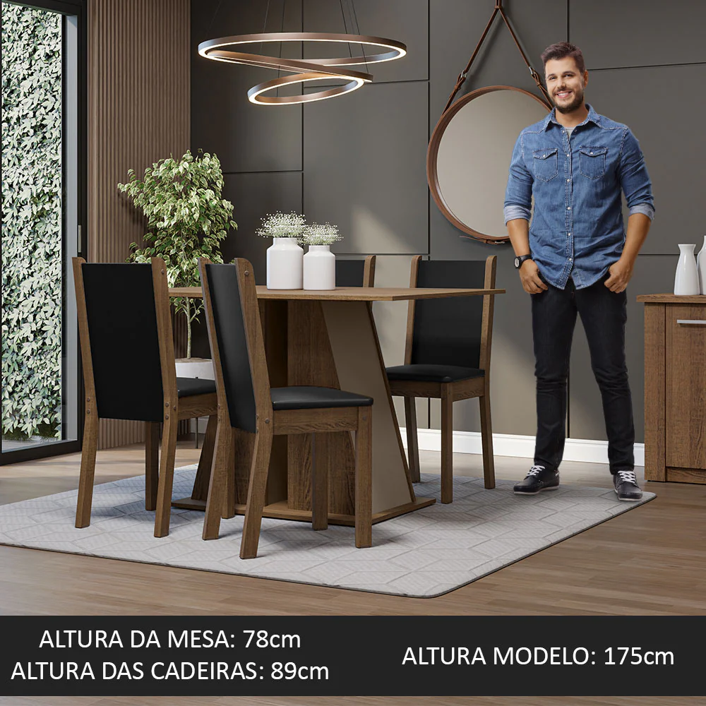 Conjunto Sala de Jantar Mesa Tampo de Madeira 4 Cadeiras Rustic/Crema/Preto Sophie Madesa - Image 5