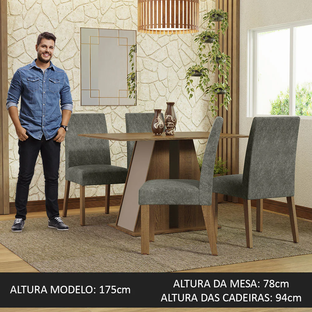 Conjunto Sala de Jantar Mesa Tampo de Madeira 4 Cadeiras Rustic/Crema/Silver Agnes Madesa - Image 4