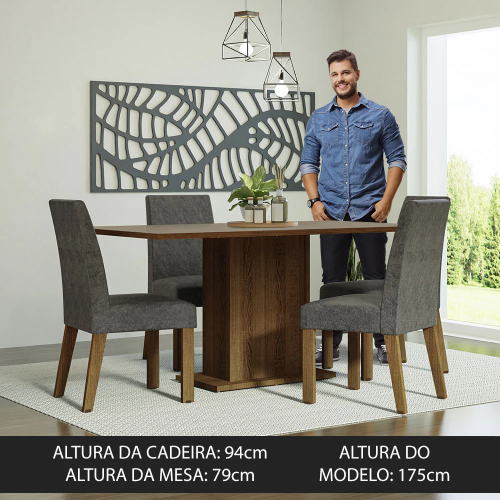 Conjunto Sala de Jantar Mesa Tampo de Madeira 4 Cadeiras Rustic/Crema/Silver Keila Madesa - Image 4