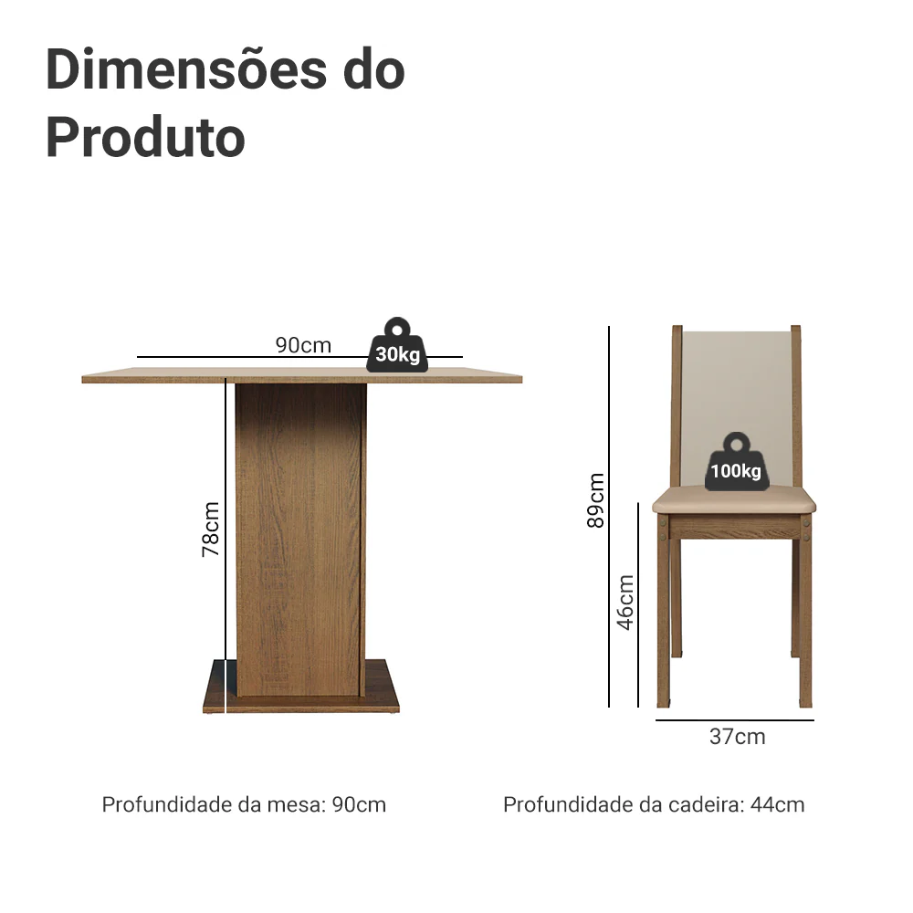 Conjunto Sala de Jantar Mesa Tampo de Madeira 4 Cadeiras Rustic/Crema/Sintético Bege Briana Madesa - Image 3