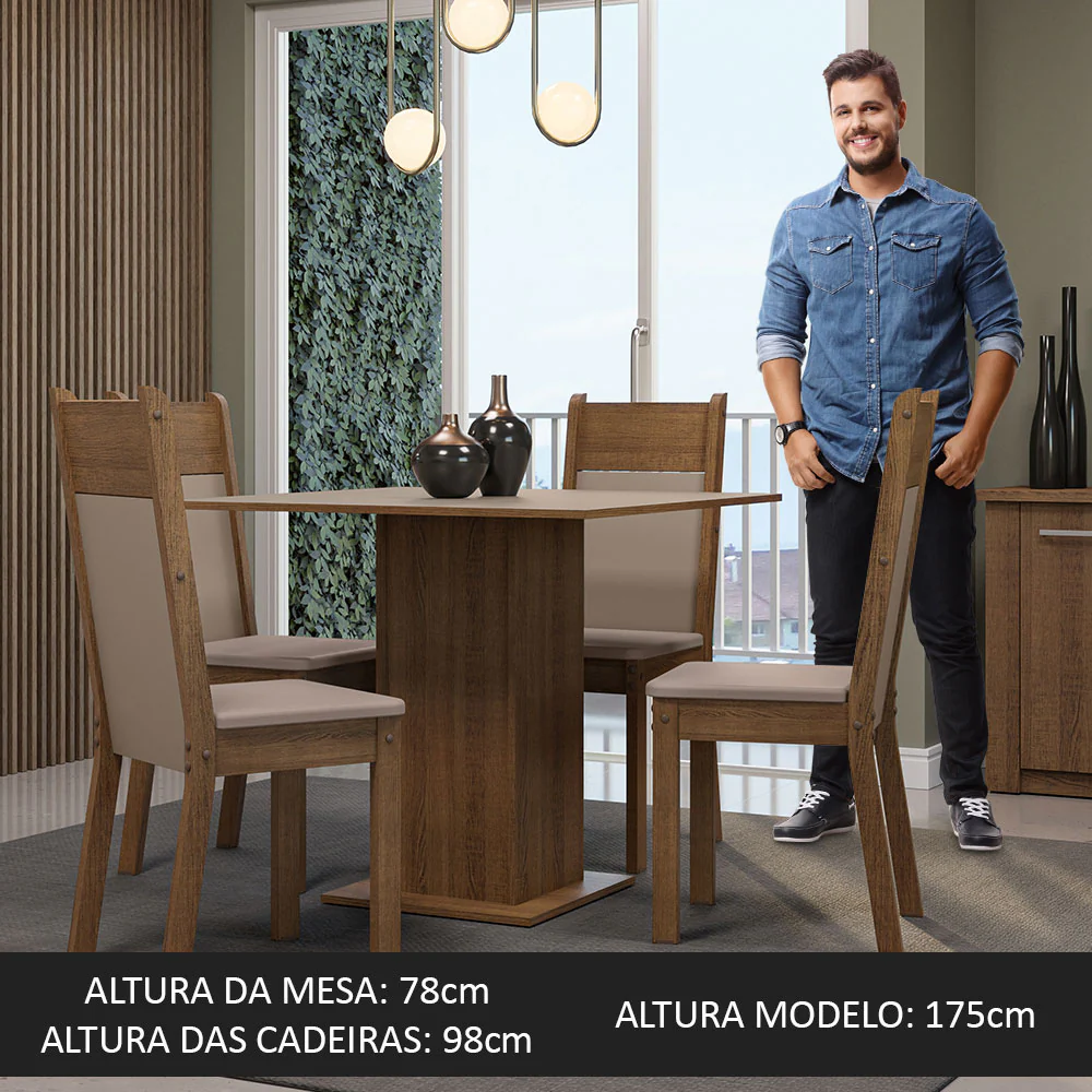 Conjunto Sala de Jantar Mesa Tampo de Madeira 4 Cadeiras Rustic/Crema/Sintético Bege Claire Madesa - Image 5