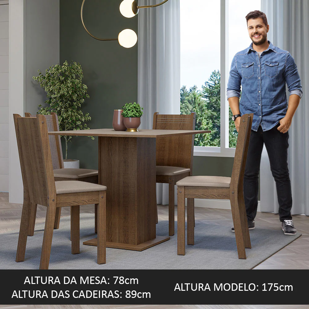 Conjunto Sala de Jantar Mesa Tampo de Madeira 4 Cadeiras Rustic/Crema/Sintético Bege Samara Madesa - Image 5