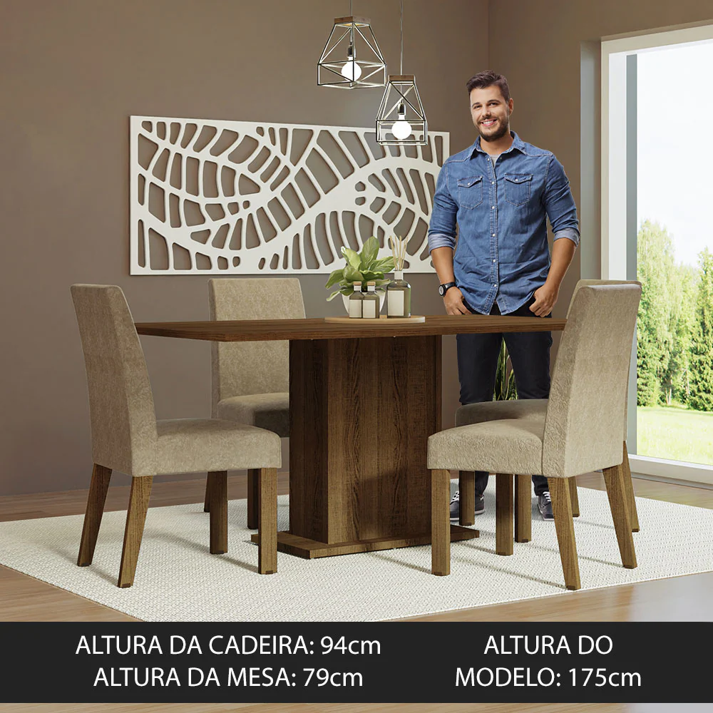 Conjunto Sala de Jantar Mesa Tampo de Madeira 4 Cadeiras Rustic/Imperial Keila Madesa - Image 4