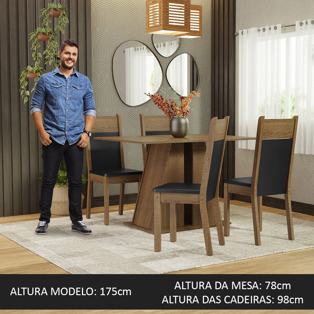 Conjunto Sala de Jantar Mesa Tampo de Madeira 4 Cadeiras Rustic/Preto Angel Madesa - Image 4