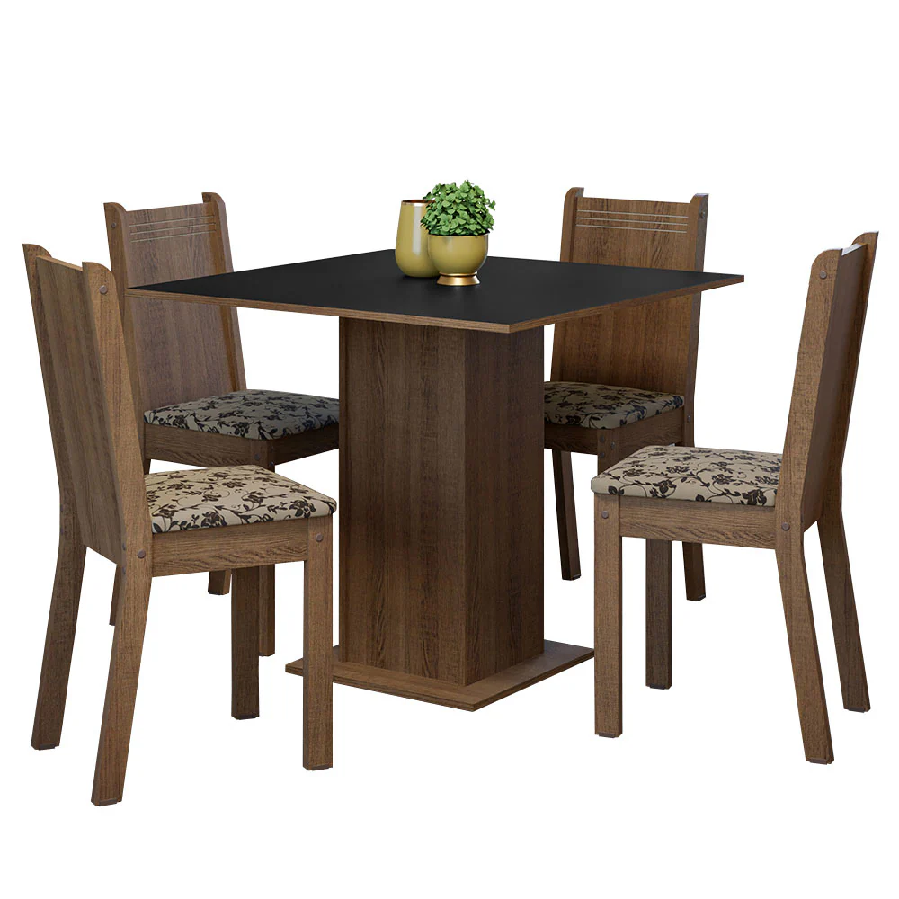 Conjunto Sala de Jantar Mesa Tampo de Madeira 4 Cadeiras Rustic/Preto/Bege Marrom Samara Madesa - Image 2
