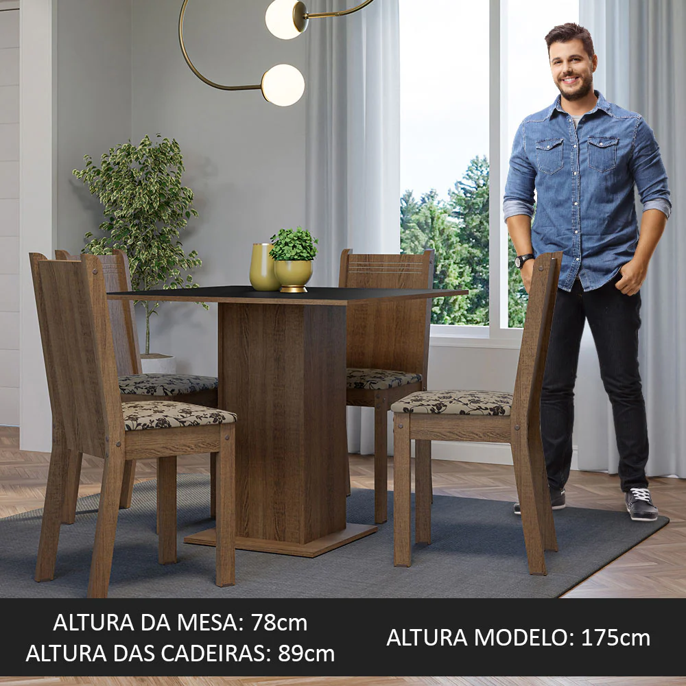 Conjunto Sala de Jantar Mesa Tampo de Madeira 4 Cadeiras Rustic/Preto/Bege Marrom Samara Madesa - Image 5