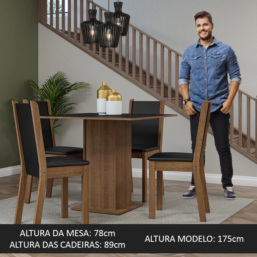 Conjunto Sala de Jantar Mesa Tampo de Madeira 4 Cadeiras Rustic/Preto Briana Madesa - Image 5