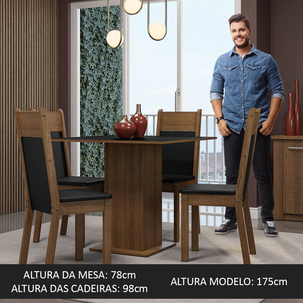 Conjunto Sala de Jantar Mesa Tampo de Madeira 4 Cadeiras Rustic/Preto Claire Madesa - Image 5