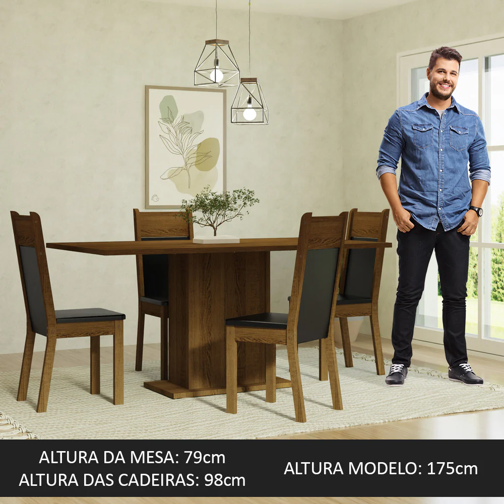 Conjunto Sala de Jantar Mesa Tampo de Madeira 4 Cadeiras Rustic/Preto Elisa Madesa - Image 3