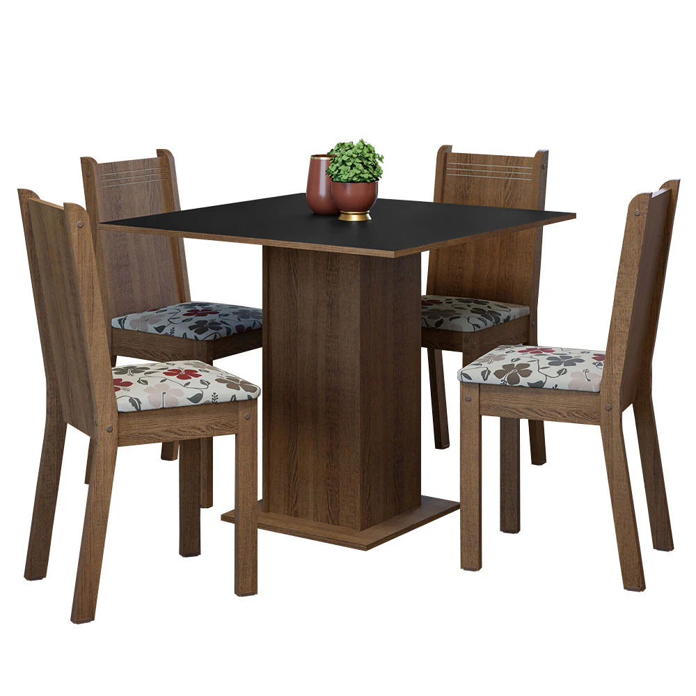 Conjunto Sala de Jantar Mesa Tampo de Madeira 4 Cadeiras Rustic/Preto/Floral Hibiscos Samara Madesa - Image 2