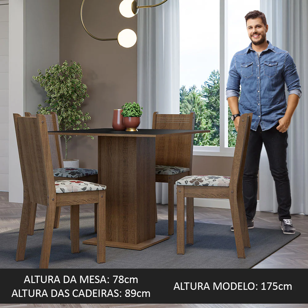 Conjunto Sala de Jantar Mesa Tampo de Madeira 4 Cadeiras Rustic/Preto/Floral Hibiscos Samara Madesa - Image 5