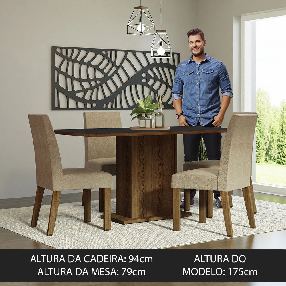 Conjunto Sala de Jantar Mesa Tampo de Madeira 4 Cadeiras Rustic/Preto/Imperial Keila Madesa - Image 4