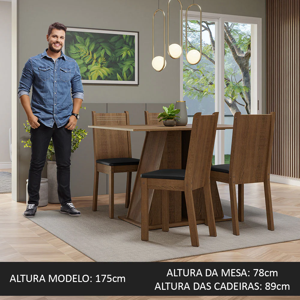 Conjunto Sala de Jantar Mesa Tampo de Madeira 4 Cadeiras Rustic/Preto Marilyn Madesa - Image 4