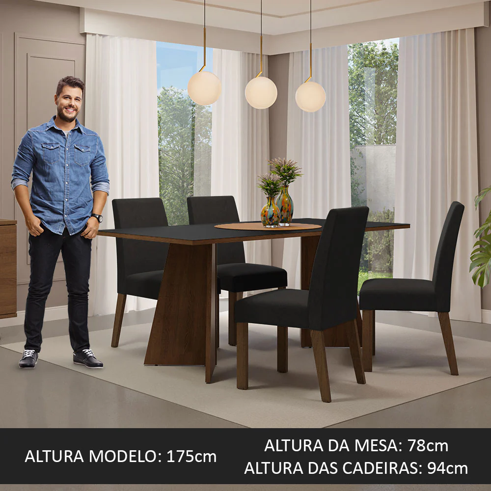 Conjunto Sala de Jantar Mesa Tampo de Madeira 4 Cadeiras Rustic/Preto/Oxford April Madesa - Image 3