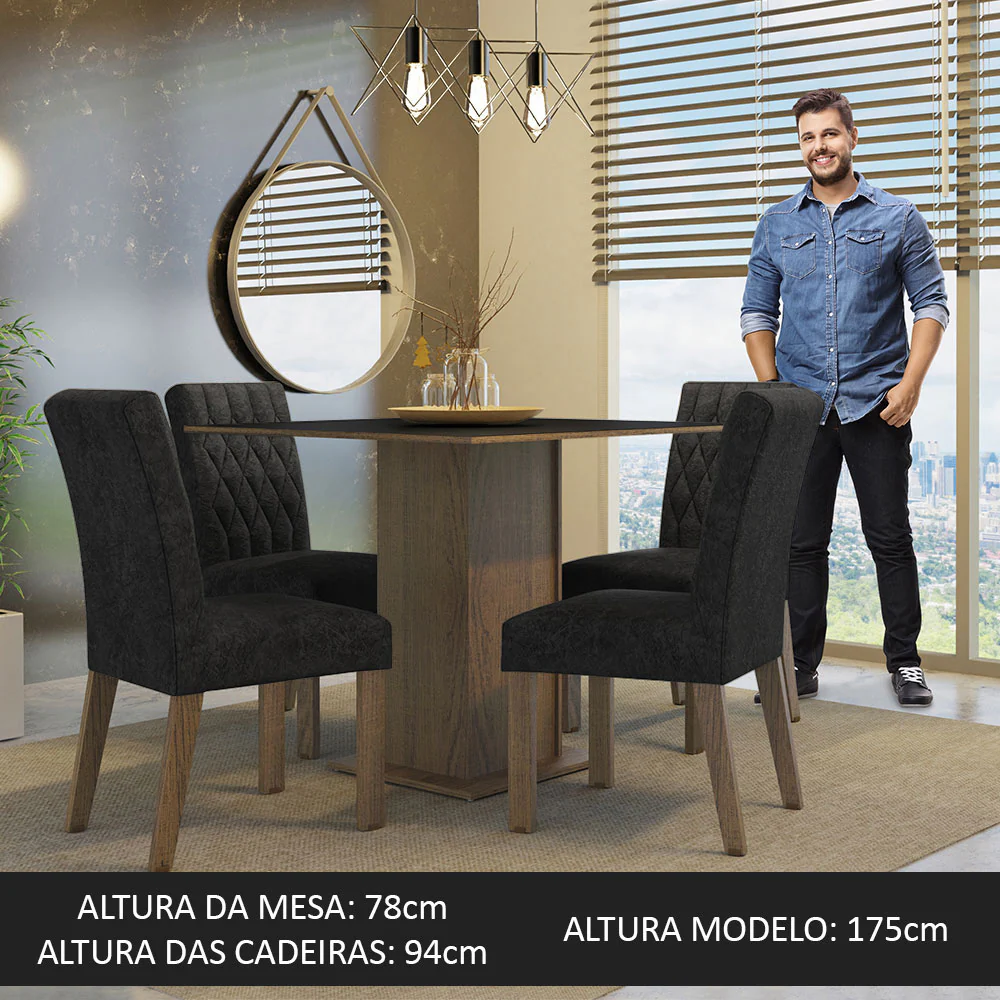 Conjunto Sala de Jantar Mesa Tampo de Madeira 4 Cadeiras Rustic/Preto/Oxford Livia Madesa - Image 4