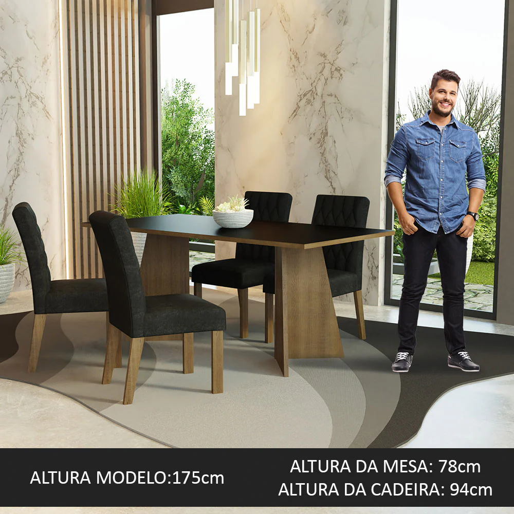 Conjunto Sala de Jantar Mesa Tampo de Madeira 4 Cadeiras Rustic/Preto/Oxford Ruby Madesa - Image 3