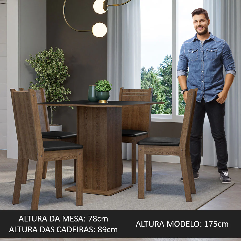 Conjunto Sala de Jantar Mesa Tampo de Madeira 4 Cadeiras Rustic/Preto Samara Madesa - Image 5