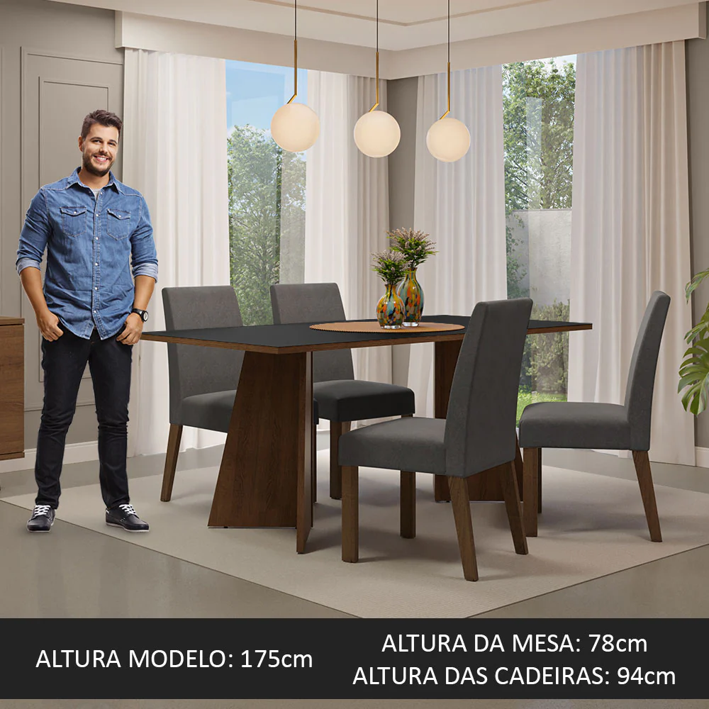 Conjunto Sala de Jantar Mesa Tampo de Madeira 4 Cadeiras Rustic/Preto/Silver April Madesa - Image 3