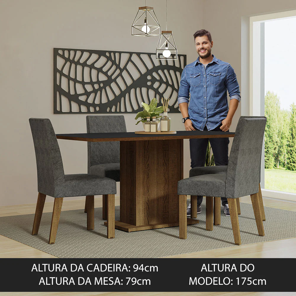 Conjunto Sala de Jantar Mesa Tampo de Madeira 4 Cadeiras Rustic/Preto/Silver Keila Madesa - Image 4