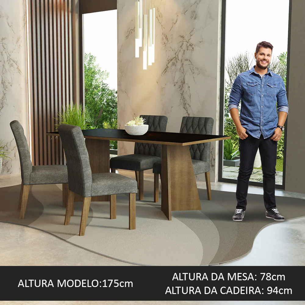 Conjunto Sala de Jantar Mesa Tampo de Madeira 4 Cadeiras Rustic/Preto/Silver Ruby Madesa - Image 3
