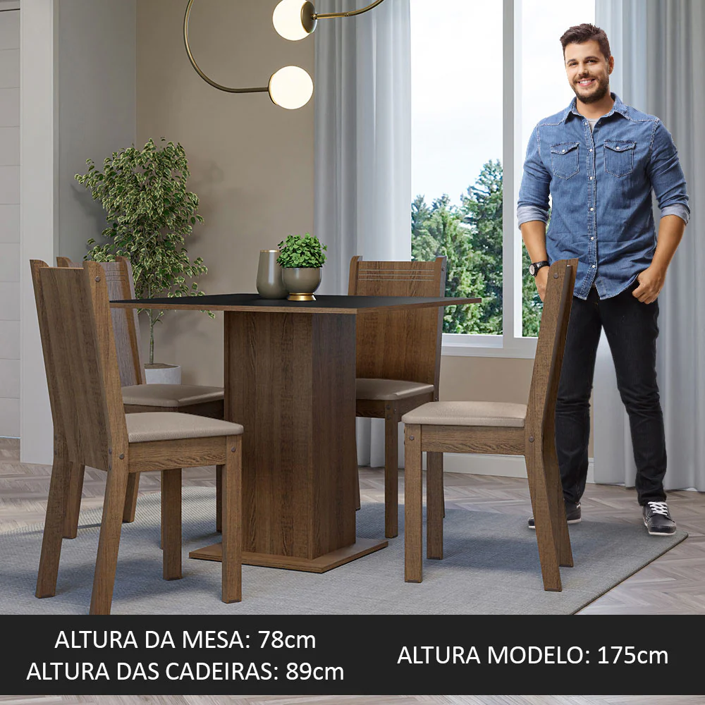 Conjunto Sala de Jantar Mesa Tampo de Madeira 4 Cadeiras Rustic/Preto/Sintético Bege Samara Madesa - Image 5