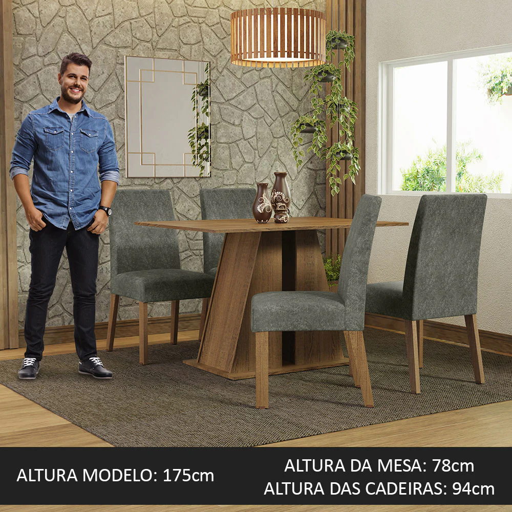 Conjunto Sala de Jantar Mesa Tampo de Madeira 4 Cadeiras Rustic/Silver Agnes Madesa - Image 4