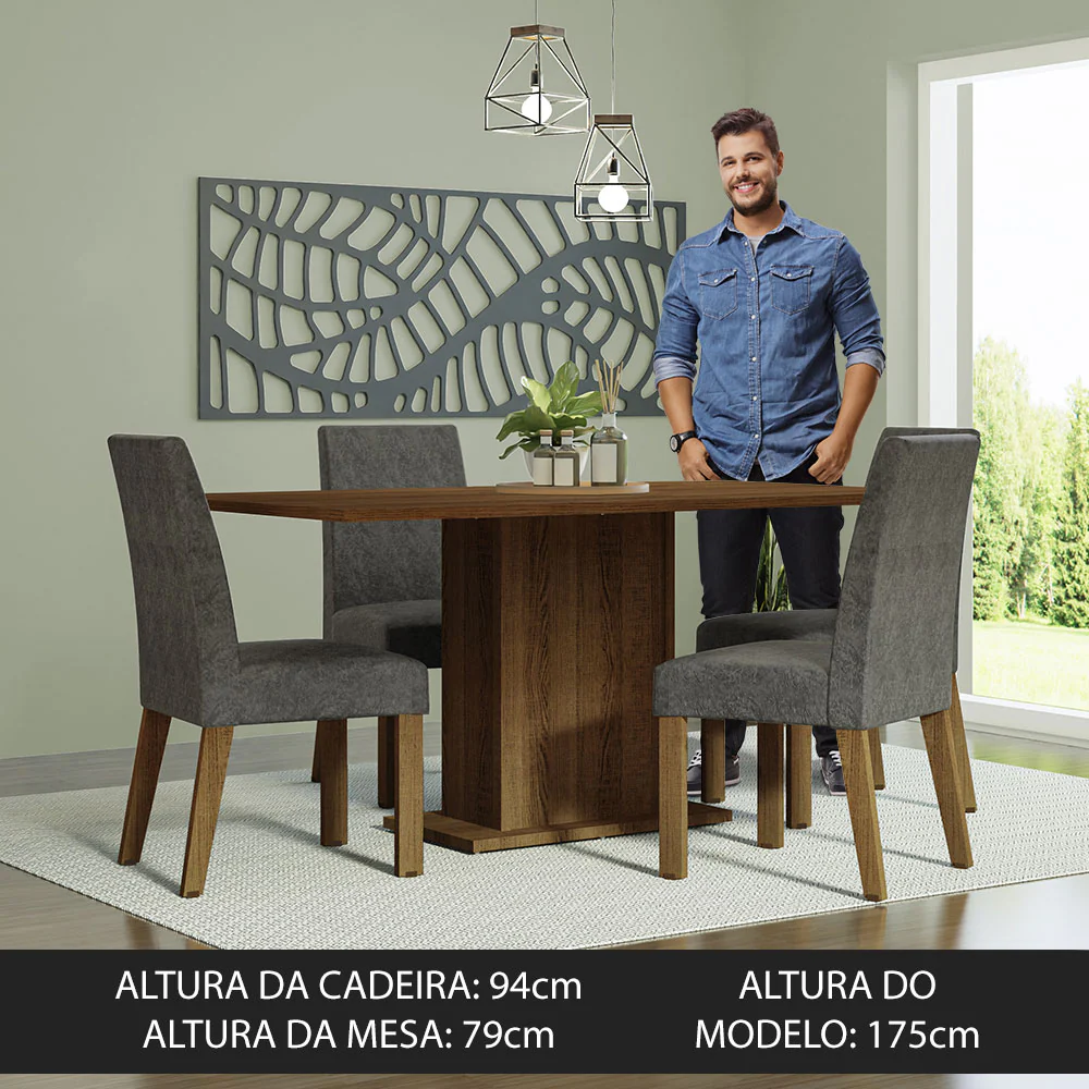 Conjunto Sala de Jantar Mesa Tampo de Madeira 4 Cadeiras Rustic/Silver Keila Madesa - Image 4