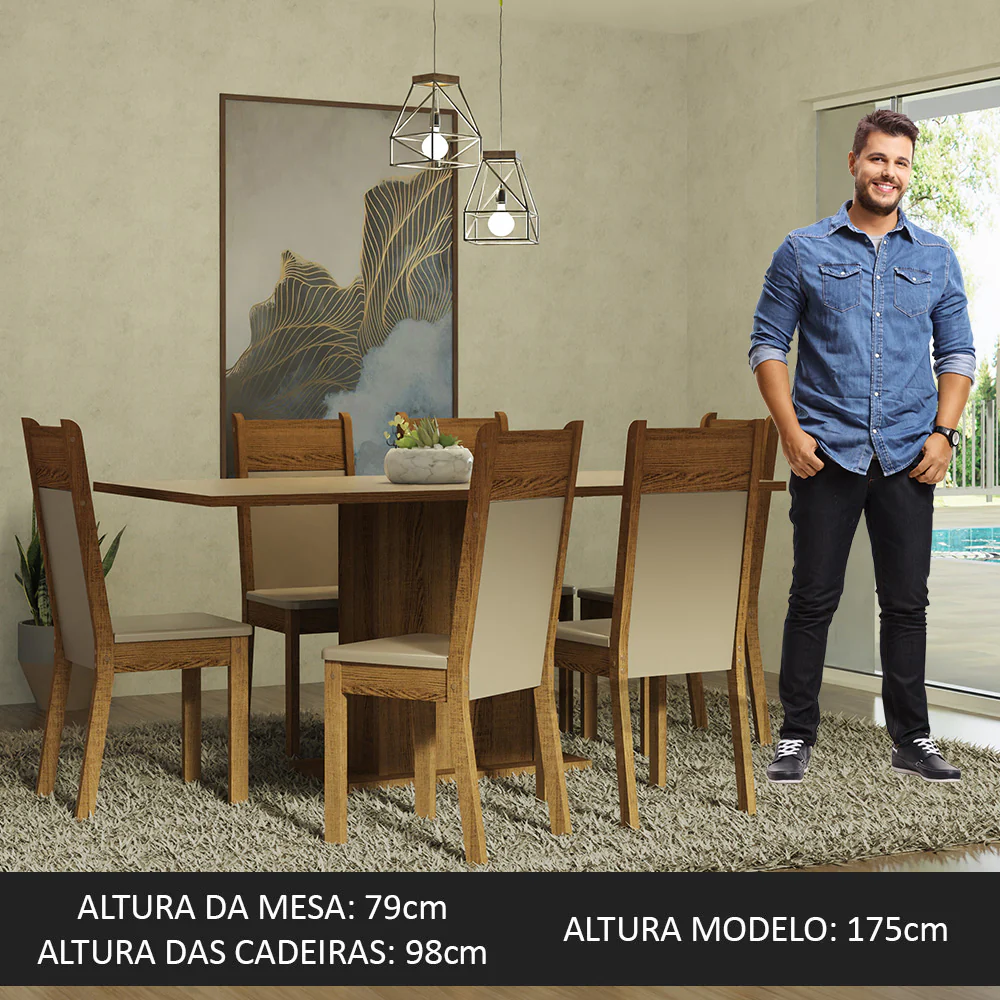 Conjunto Sala de Jantar Mesa Tampo de Madeira 6 Cadeiras Crema/Rustic/Bege Augusta Madesa - Image 3