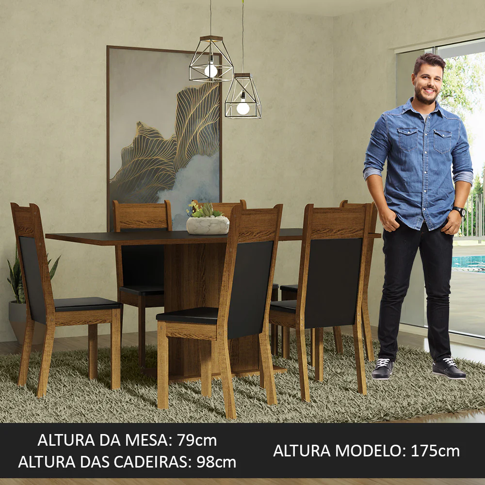 Conjunto Sala de Jantar Mesa Tampo de Madeira 6 Cadeiras Preto/Rustic Augusta Madesa - Image 3