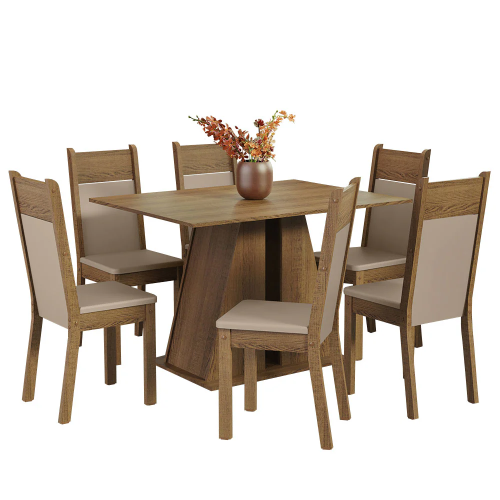 Conjunto Sala de Jantar Mesa Tampo de Madeira 6 Cadeiras Rustic/Bege Beverly Madesa - Image 2