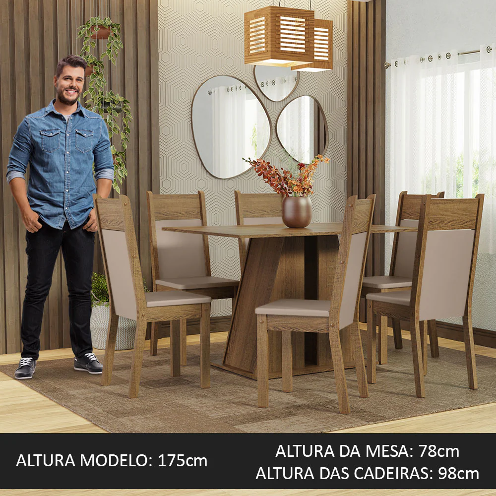 Conjunto Sala de Jantar Mesa Tampo de Madeira 6 Cadeiras Rustic/Bege Beverly Madesa - Image 4