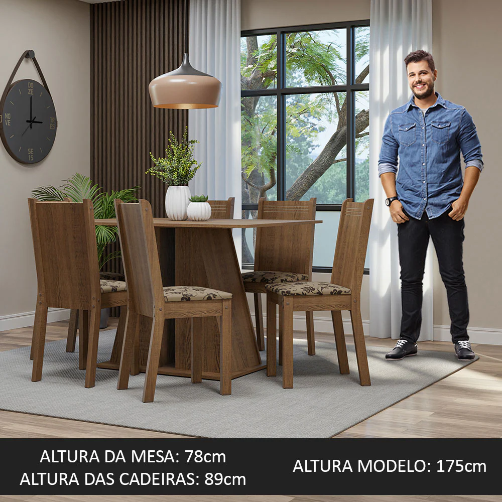 Conjunto Sala de Jantar Mesa Tampo de Madeira 6 Cadeiras Rustic/Bege Marrom Sharon Madesa - Image 4