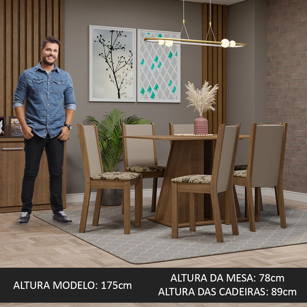 Conjunto Sala de Jantar Mesa Tampo de Madeira 6 Cadeiras Rustic/Bege Marrom Wendy Madesa - Image 5