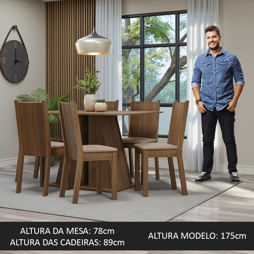 Conjunto Sala de Jantar Mesa Tampo de Madeira 6 Cadeiras Rustic/Bege Sharon Madesa - Image 4