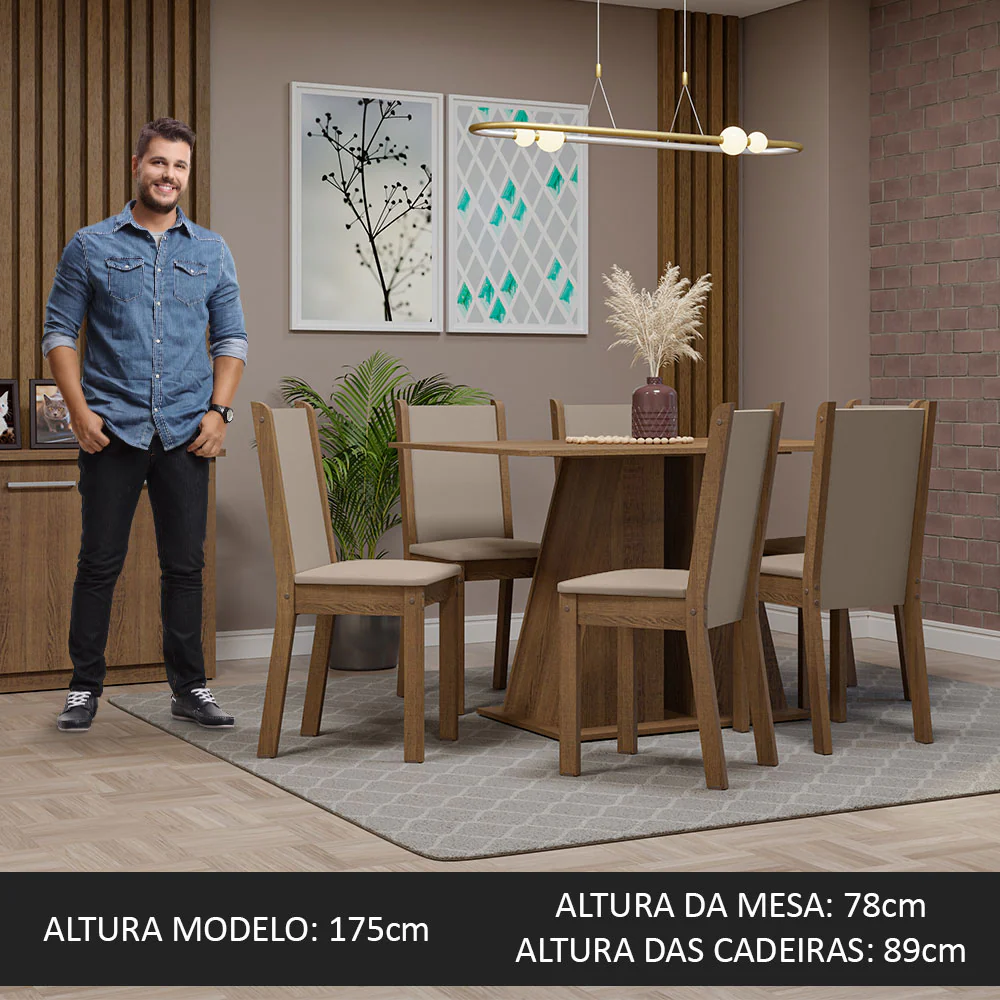 Conjunto Sala de Jantar Mesa Tampo de Madeira 6 Cadeiras Rustic/Bege Wendy Madesa - Image 5