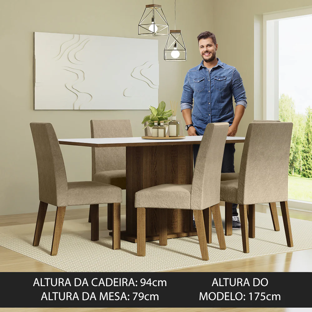 Conjunto Sala de Jantar Mesa Tampo de Madeira 6 Cadeiras Rustic/Branco/Imperial Renata Madesa - Image 4