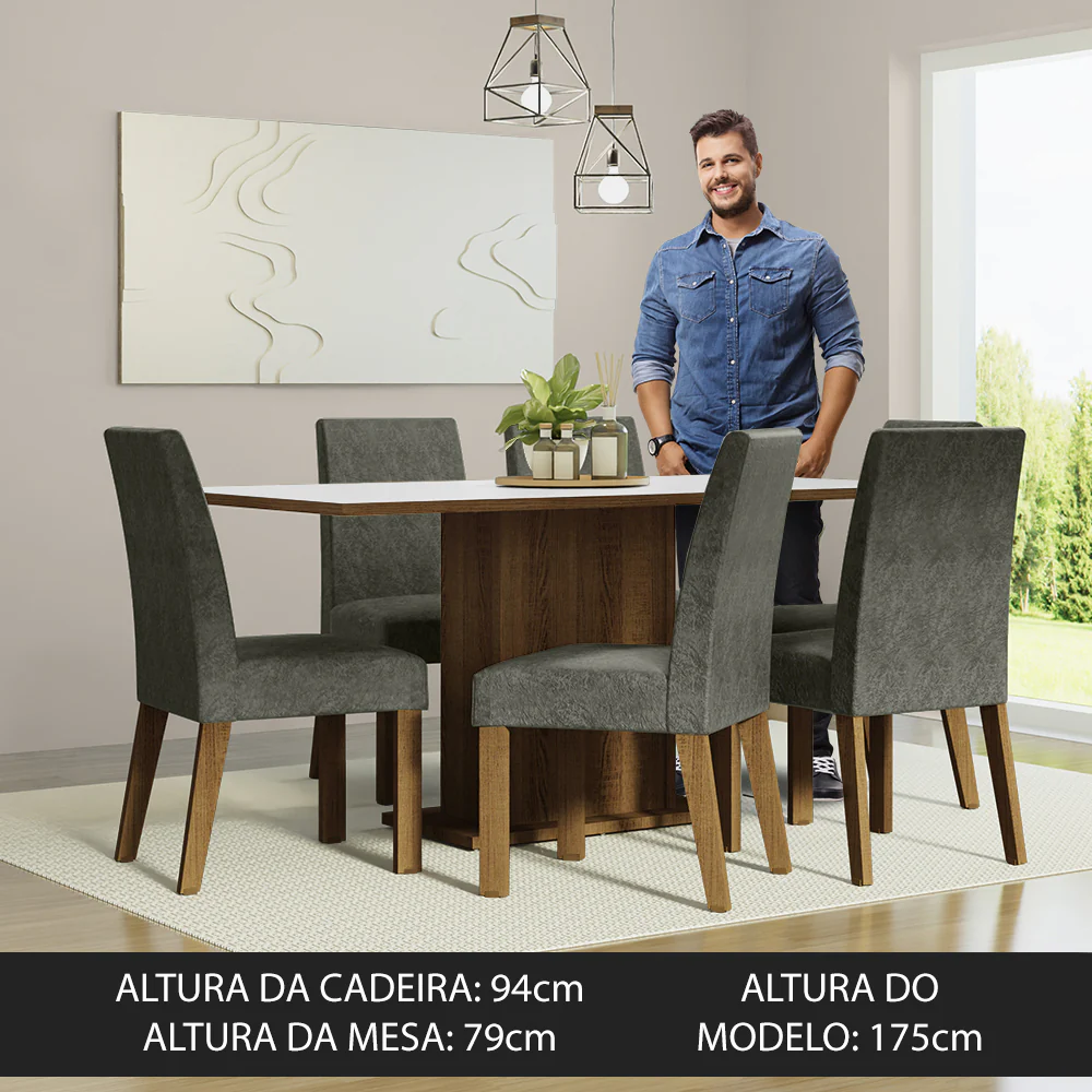 Conjunto Sala de Jantar Mesa Tampo de Madeira 6 Cadeiras Rustic/Branco/Silver Renata Madesa - Image 4