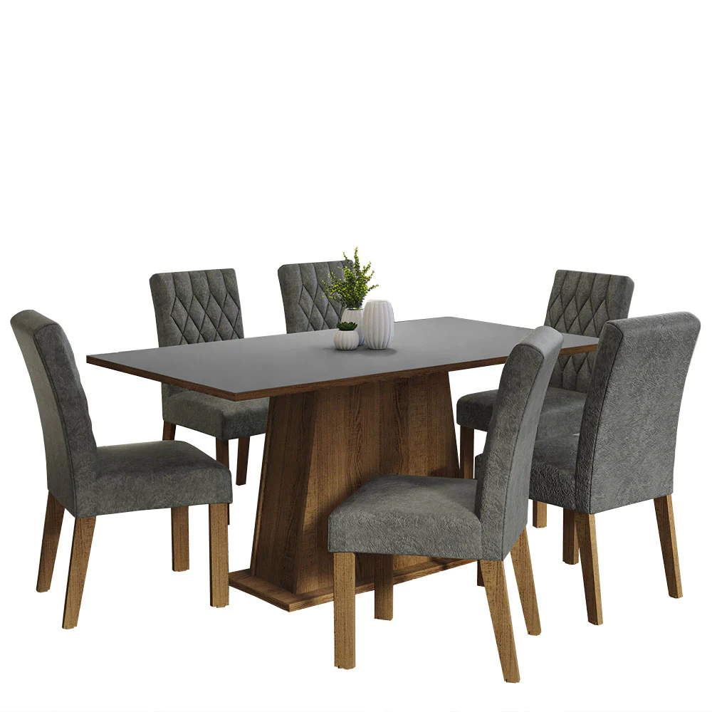Conjunto Sala de Jantar Mesa Tampo de Madeira 6 Cadeiras Rustic/Cinza/Silver Britney Madesa - Image 2