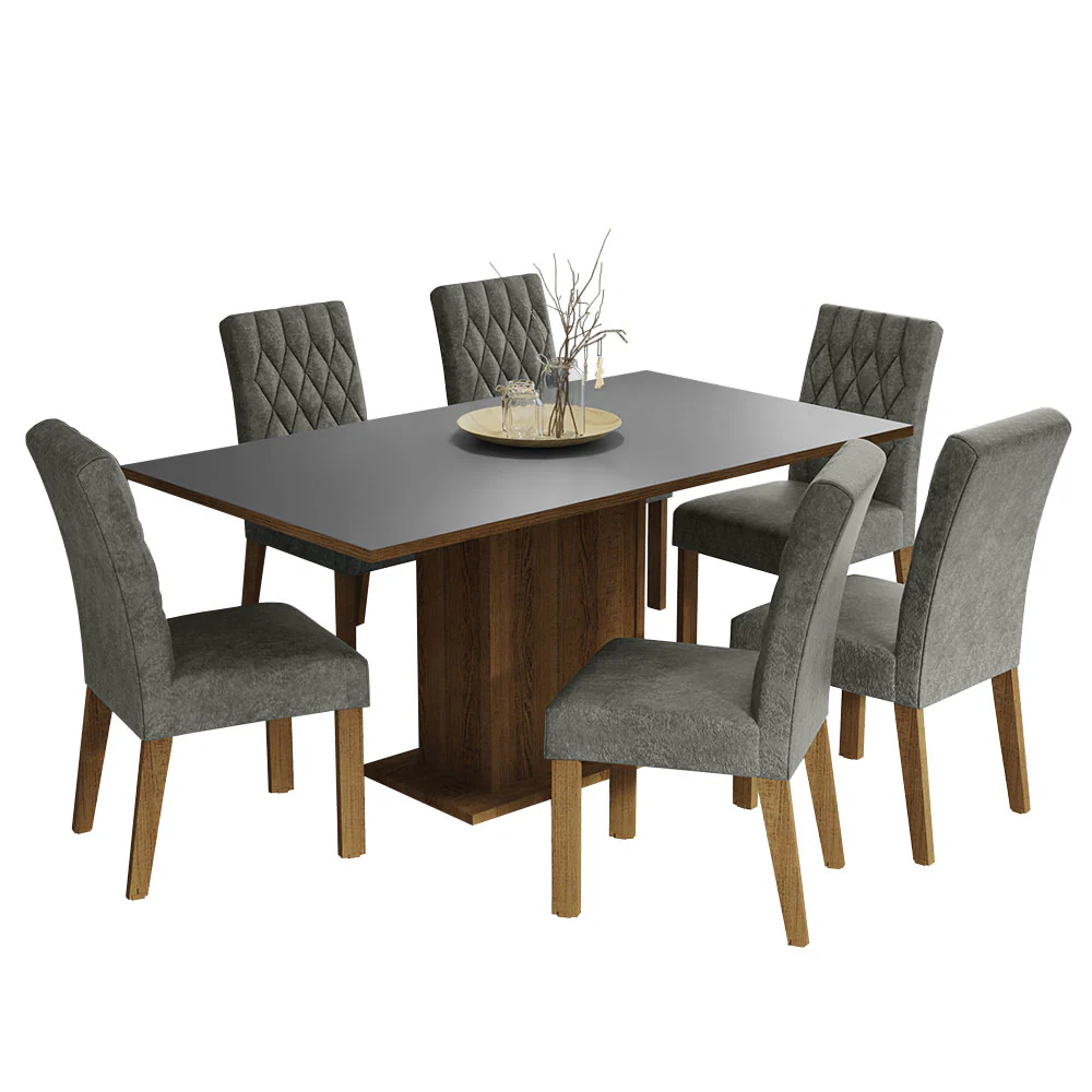 Conjunto Sala de Jantar Mesa Tampo de Madeira 6 Cadeiras Rustic/Cinza/Silver Hanna Madesa - Image 2