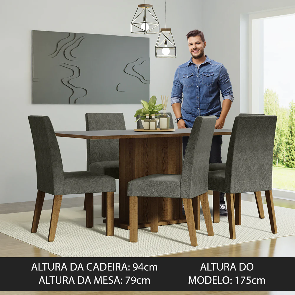 Conjunto Sala de Jantar Mesa Tampo de Madeira 6 Cadeiras Rustic/Cinza/Silver Renata Madesa - Image 4