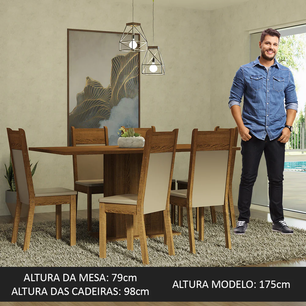 Conjunto Sala de Jantar Mesa Tampo de Madeira 6 Cadeiras Rustic/Crema/Bege Augusta Madesa - Image 3