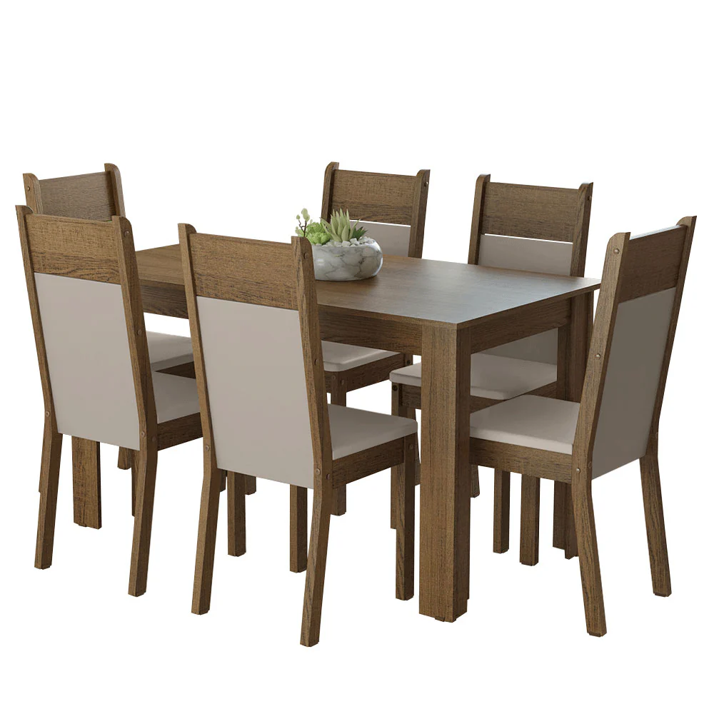 Conjunto Sala de Jantar Mesa Tampo de Madeira 6 Cadeiras Rustic/Crema/Bege Bahamas Madesa - Image 2