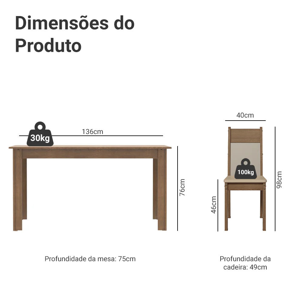 Conjunto Sala de Jantar Mesa Tampo de Madeira 6 Cadeiras Rustic/Crema/Bege Bahamas Madesa - Image 3