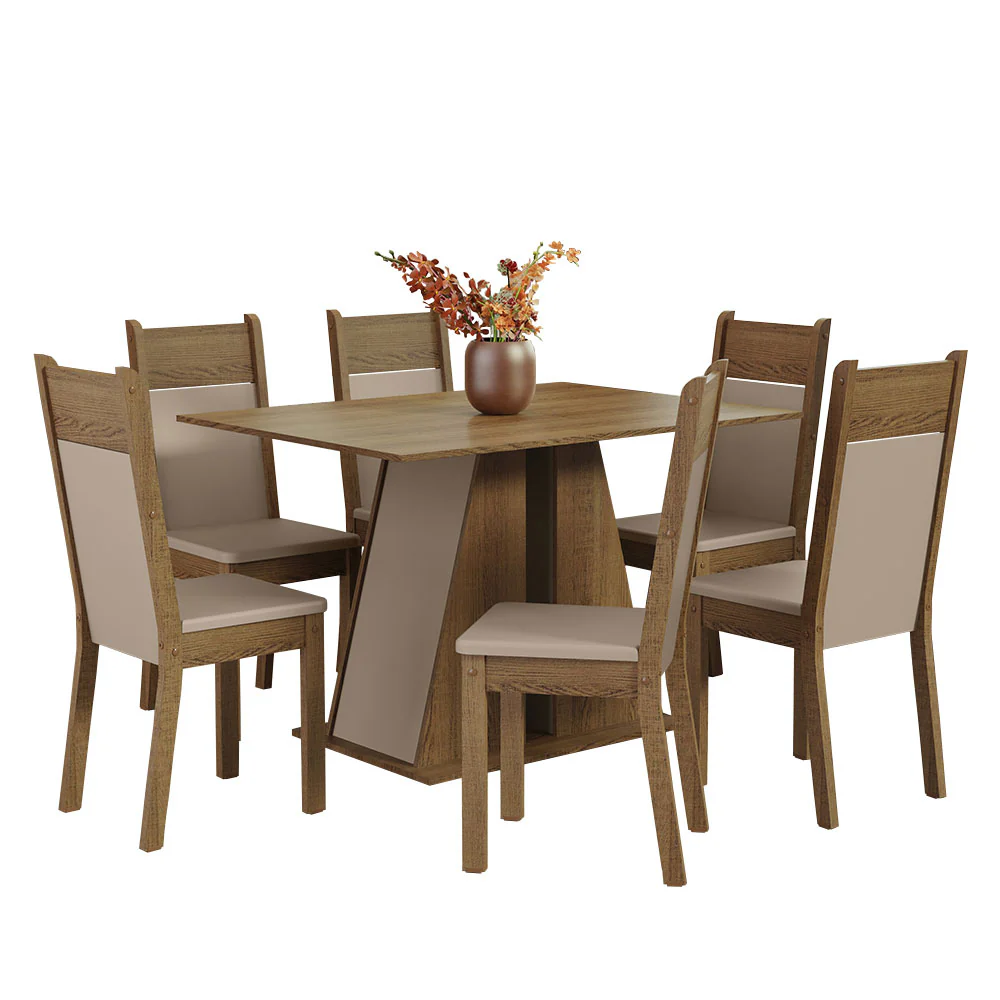 Conjunto Sala de Jantar Mesa Tampo de Madeira 6 Cadeiras Rustic/Crema/Bege Beverly Madesa - Image 2