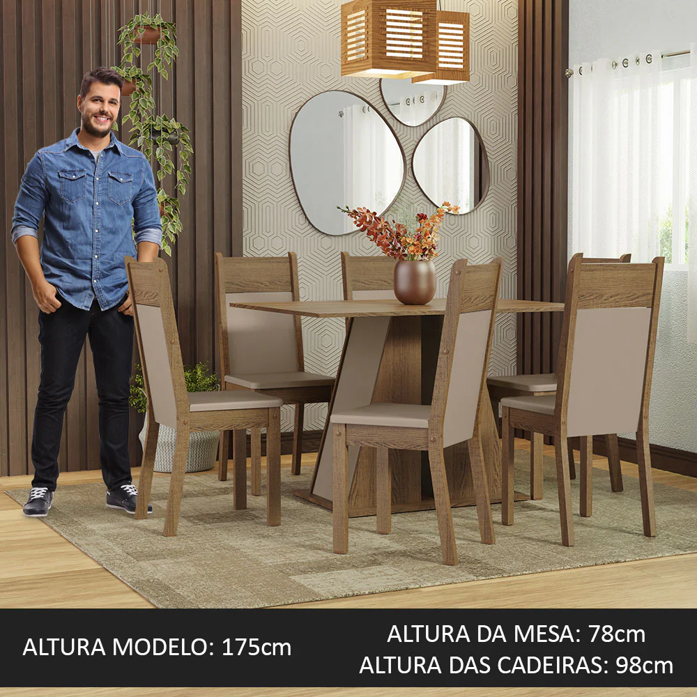 Conjunto Sala de Jantar Mesa Tampo de Madeira 6 Cadeiras Rustic/Crema/Bege Beverly Madesa - Image 4