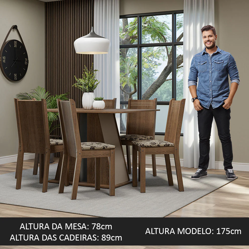 Conjunto Sala de Jantar Mesa Tampo de Madeira 6 Cadeiras Rustic/Crema/Bege Marrom Sharon Madesa - Image 4