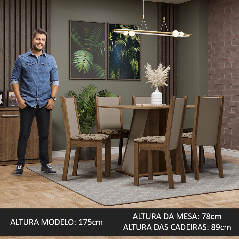 Conjunto Sala de Jantar Mesa Tampo de Madeira 6 Cadeiras Rustic/Crema/Bege Marrom Wendy Madesa - Image 5