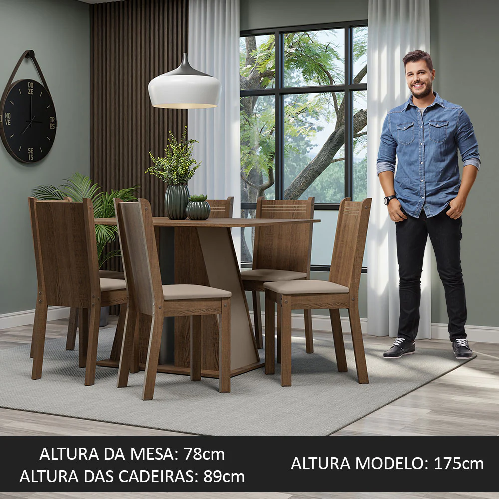Conjunto Sala de Jantar Mesa Tampo de Madeira 6 Cadeiras Rustic/Crema/Bege Sharon Madesa - Image 4