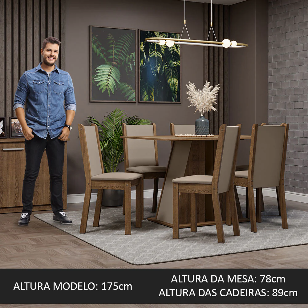 Conjunto Sala de Jantar Mesa Tampo de Madeira 6 Cadeiras Rustic/Crema/Bege Wendy Madesa - Image 5